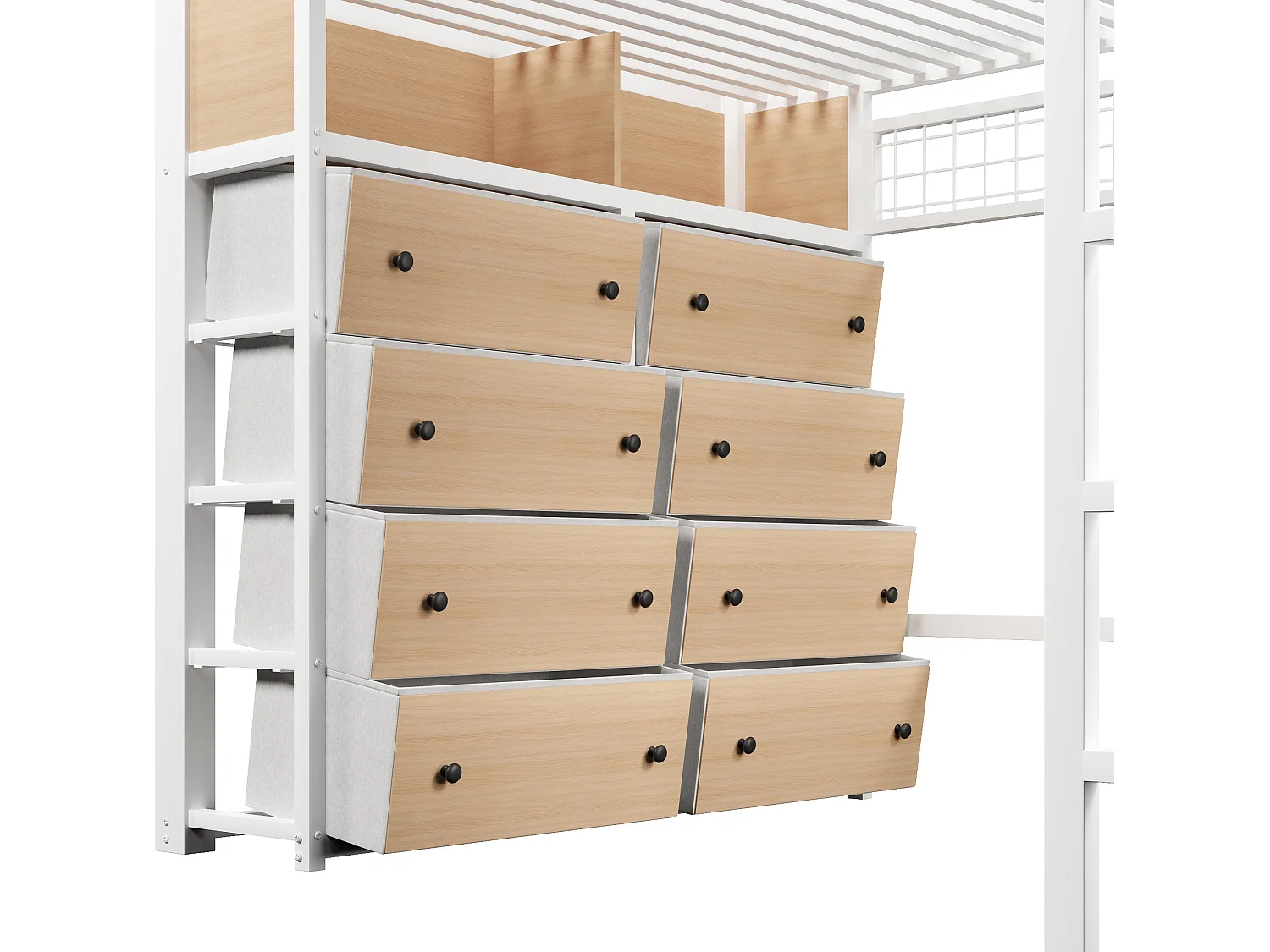 Letto a soppalco per adulti 140x200 cm in metallo con 8 cassetti e illuminazione a LED - Bianco