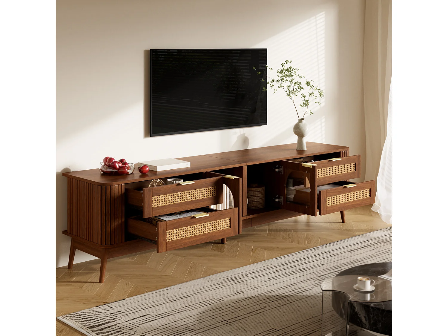 Meuble TV avec 4 tiroirs, 2 portes en verre et LED - Marron 180 x 40 x 50 cm