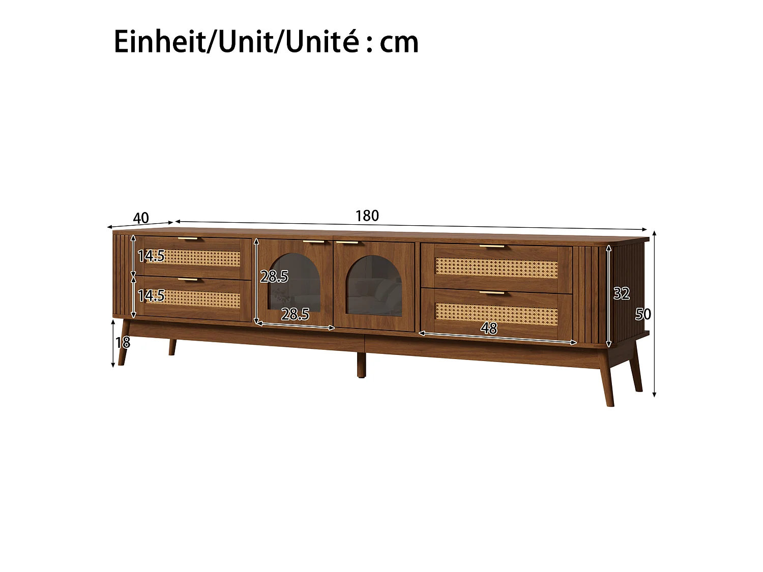 Meuble TV avec 4 tiroirs, 2 portes en verre et LED - Marron 180 x 40 x 50 cm