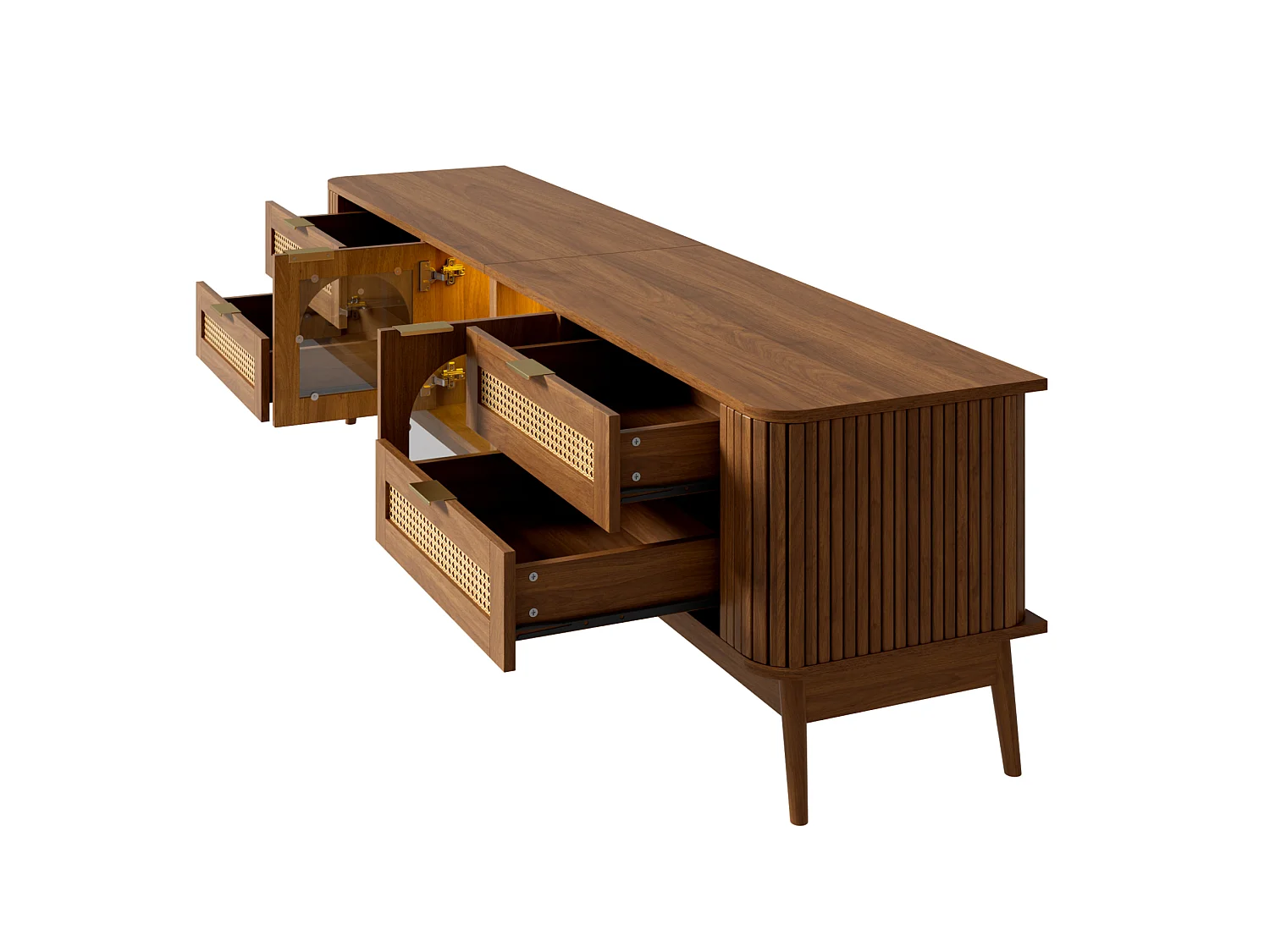 Meuble TV avec 4 tiroirs, 2 portes en verre et LED - Marron 180 x 40 x 50 cm