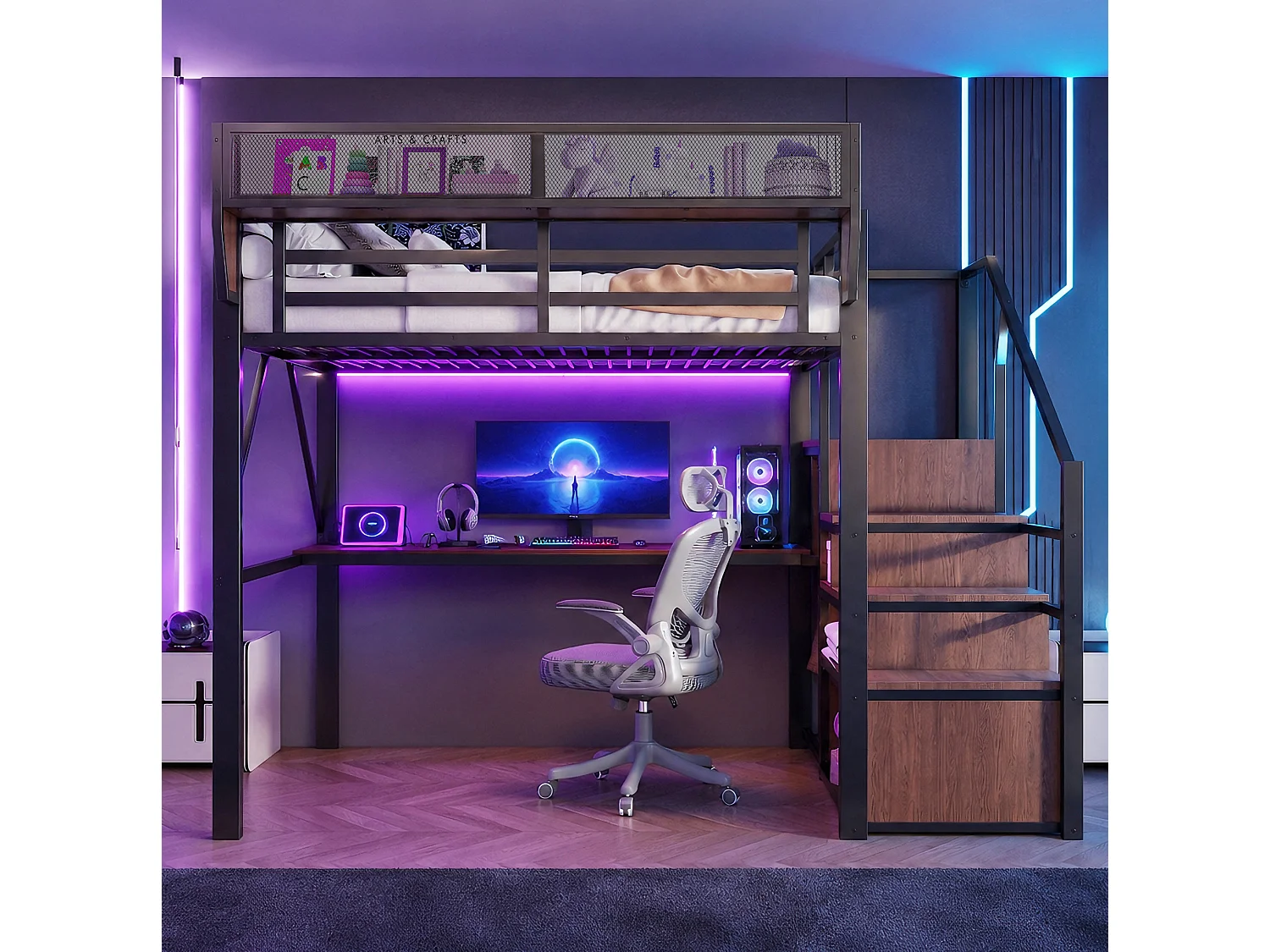 Letto a soppalco in metallo per adulti (140x200 cm) con scrivania, illuminazione a LED e scala con vani contenitori – Nero
