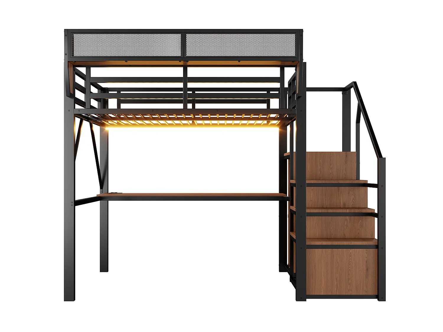 Letto a soppalco in metallo per adulti (140x200 cm) con scrivania, illuminazione a LED e scala con vani contenitori – Nero