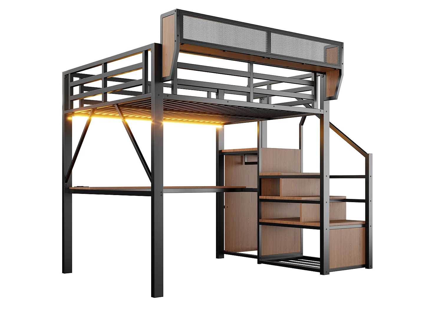 Letto a soppalco in metallo per adulti (140x200 cm) con scrivania, illuminazione a LED e scala con vani contenitori – Nero