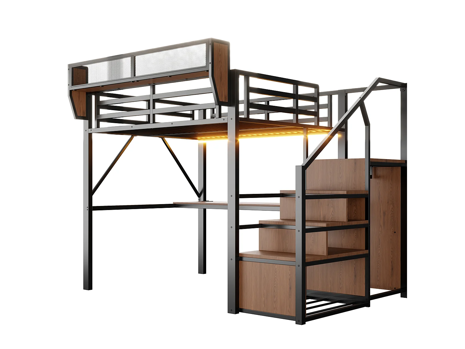 Letto a soppalco in metallo per adulti (140x200 cm) con scrivania, illuminazione a LED e scala con vani contenitori – Nero