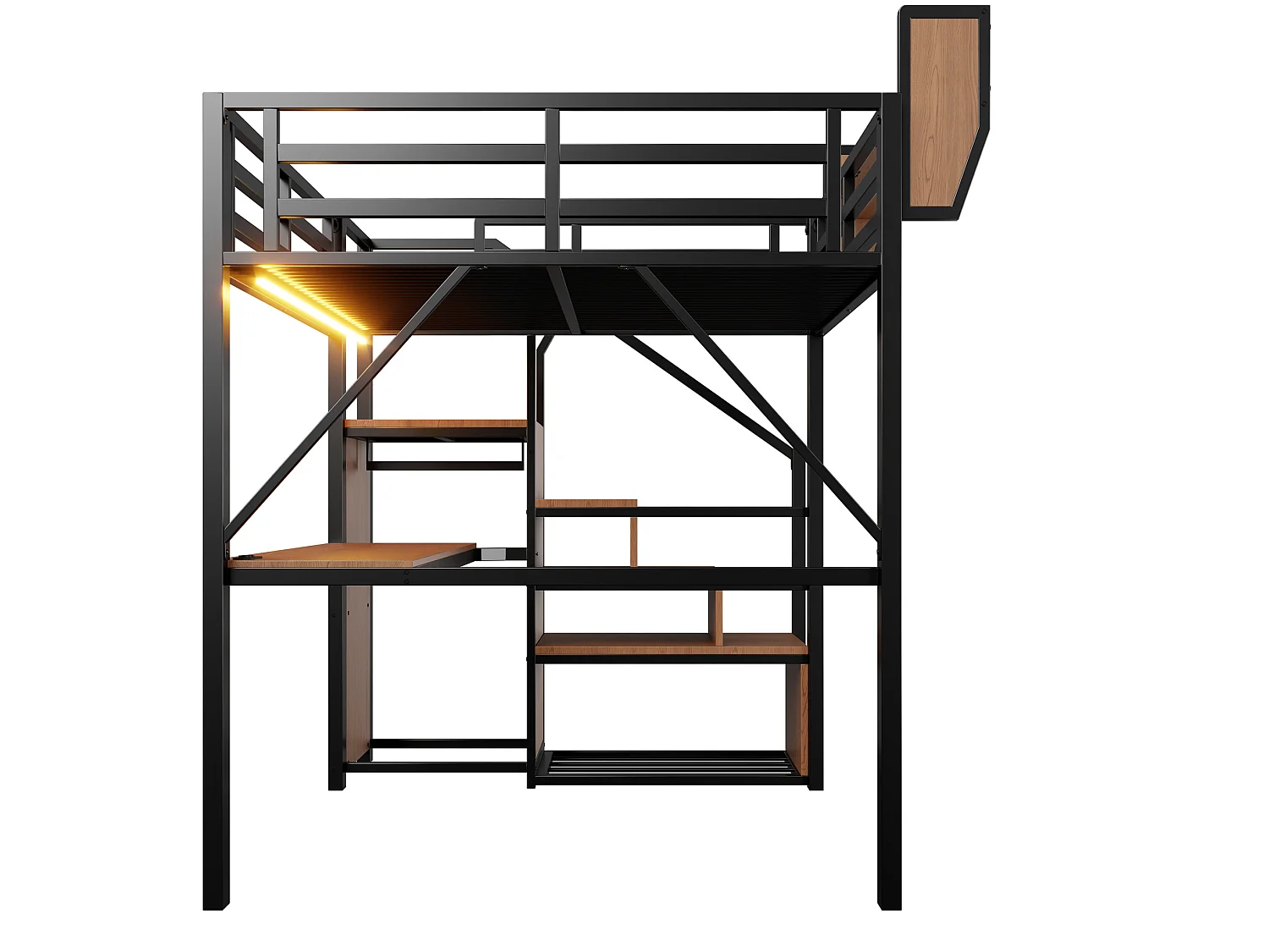 Letto a soppalco in metallo per adulti (140x200 cm) con scrivania, illuminazione a LED e scala con vani contenitori – Nero