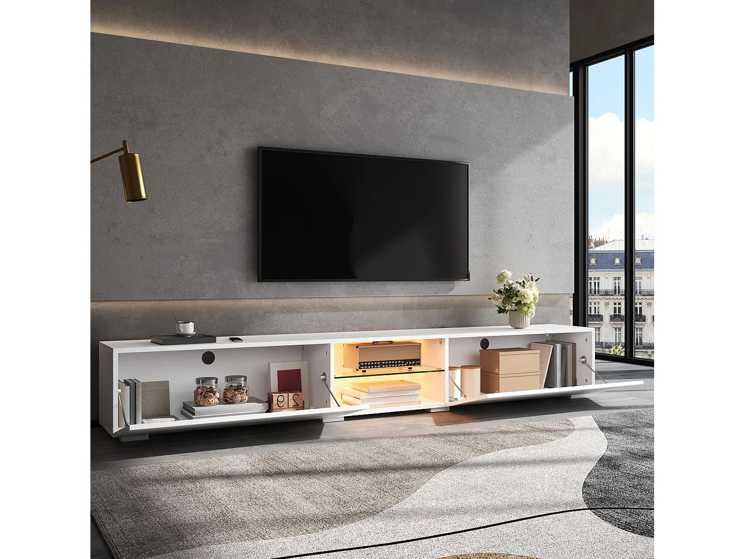 Mobile TV con 2 ante laccate e LED - Bianco 200 x 30 x 30 cm