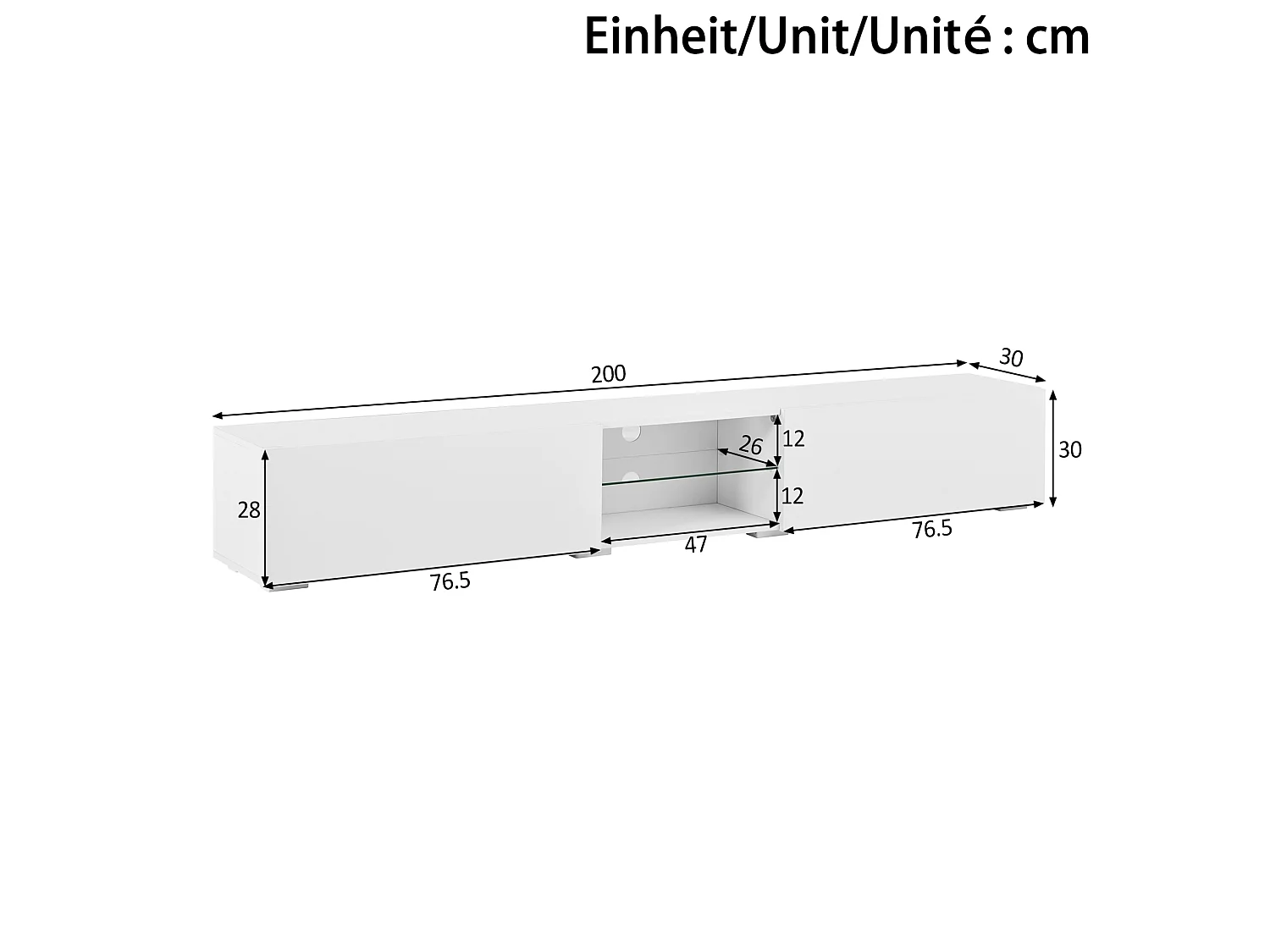 Mobile TV con 2 ante laccate e LED - Bianco 200 x 30 x 30 cm