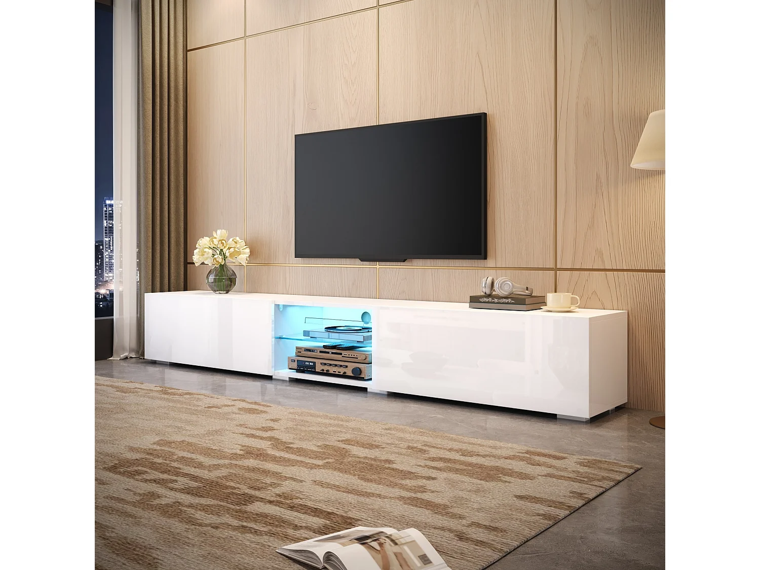 Mobile TV con 2 ante laccate e LED - Bianco 200 x 30 x 30 cm