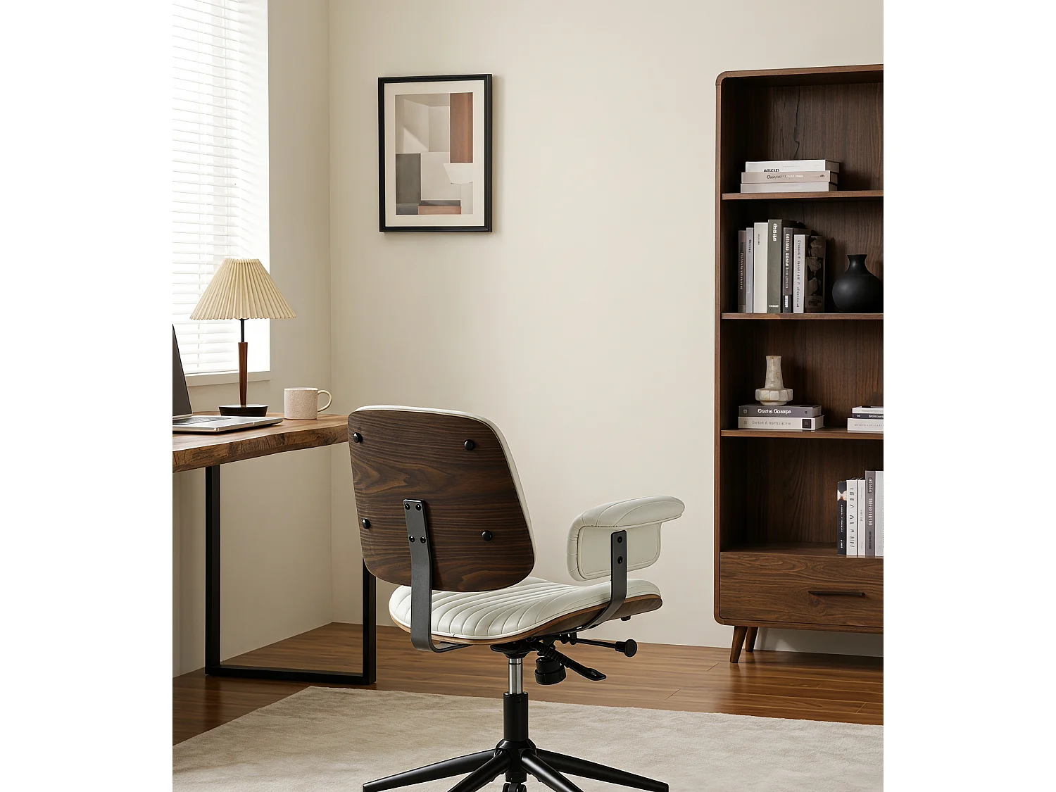 Silla de oficina giratoria de piel sintética con ruedas y altura regulable - Beige