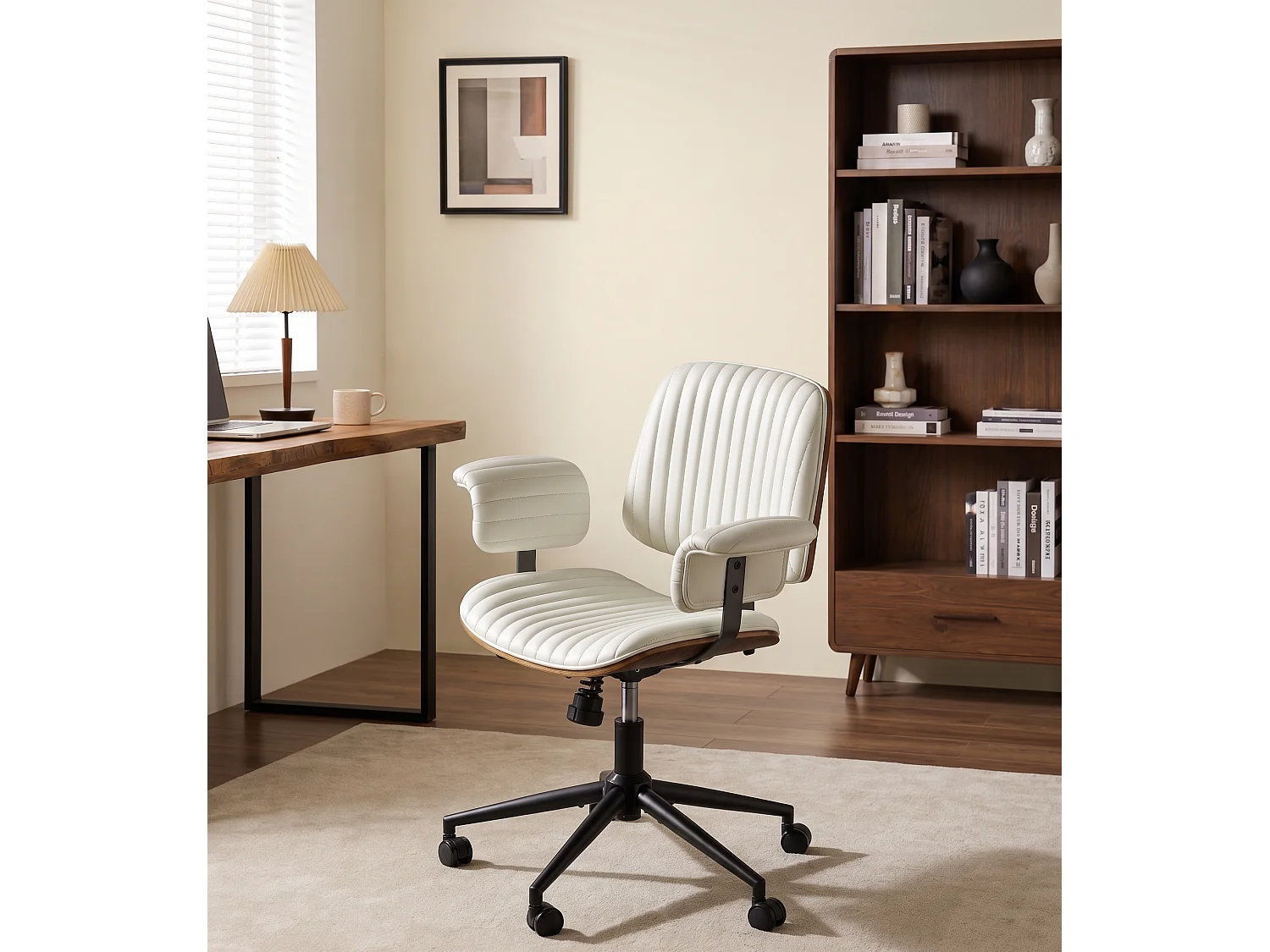 Silla de oficina giratoria de piel sintética con ruedas y altura regulable - Beige