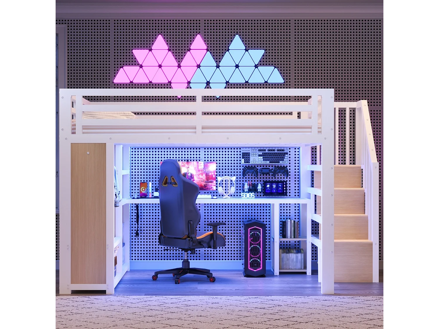 Lit mezzanine adulte 160 x 200 cm avec port USB, bureau et penderie ouverte - Blanc