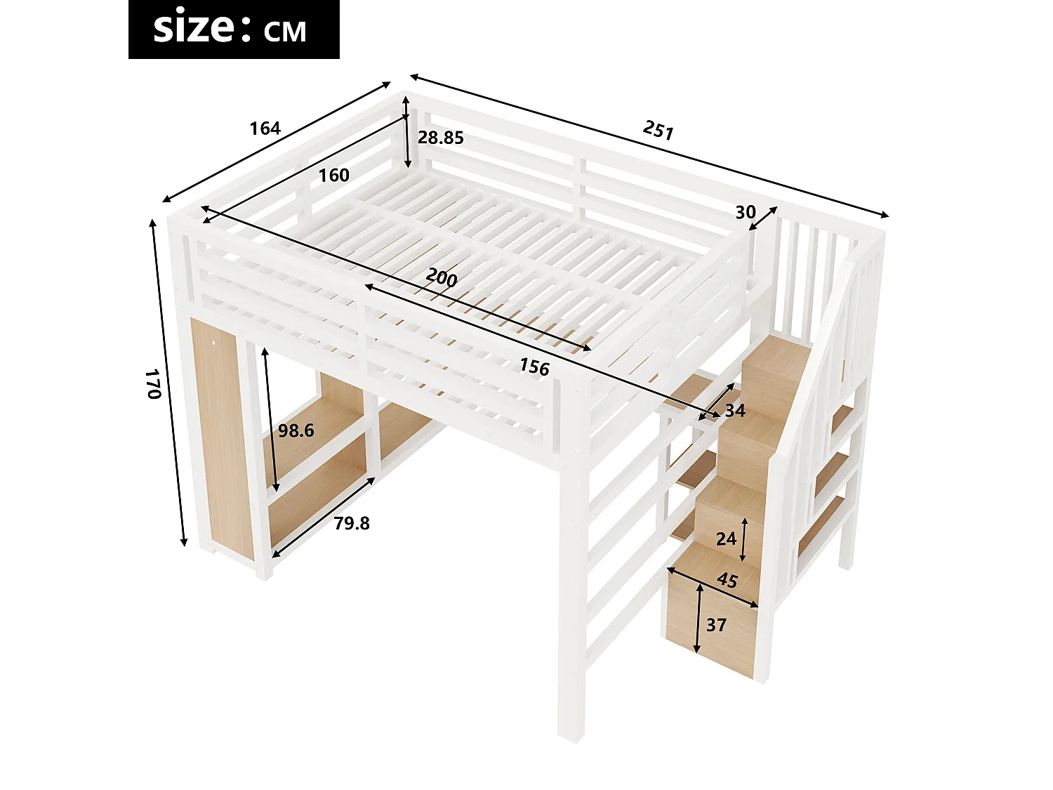 Lit mezzanine adulte 160 x 200 cm avec port USB, bureau et penderie ouverte - Blanc