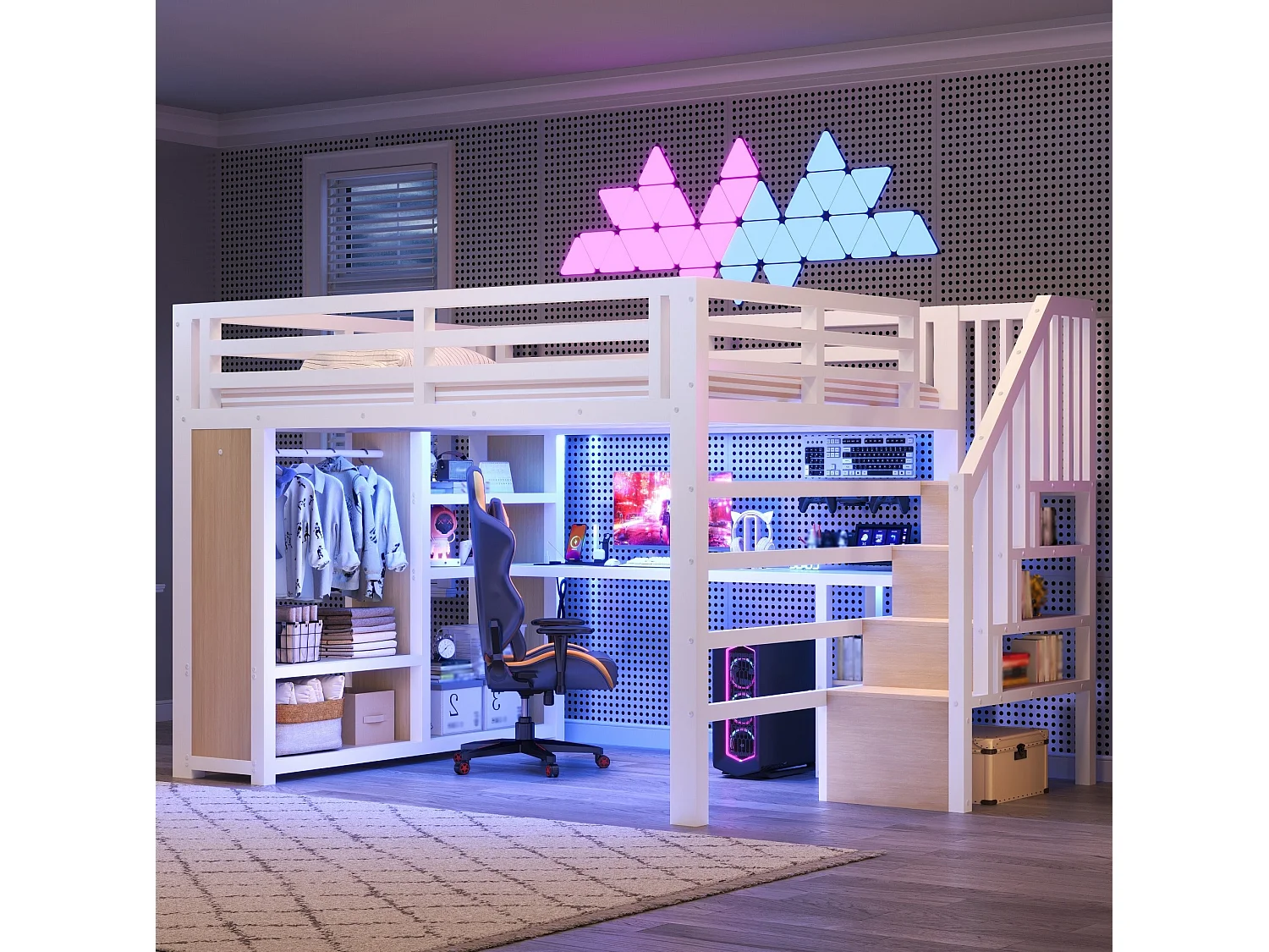 Lit mezzanine adulte 160 x 200 cm avec port USB, bureau et penderie ouverte - Blanc