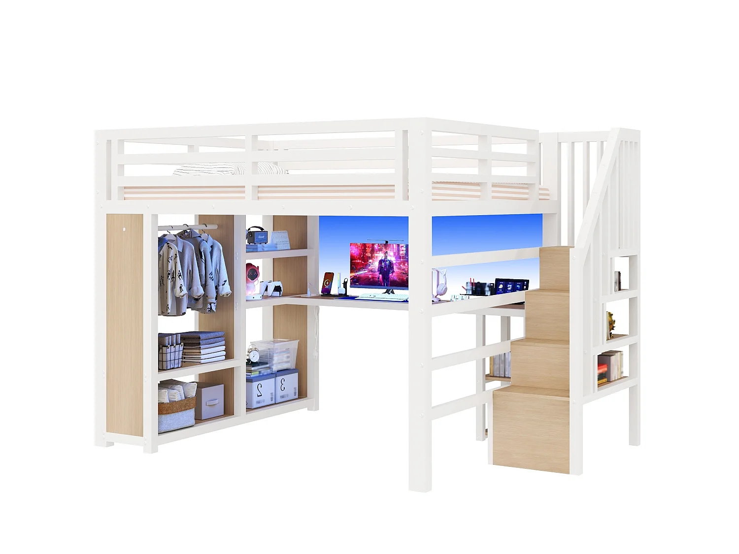 Lit mezzanine adulte 160 x 200 cm avec port USB, bureau et penderie ouverte - Blanc