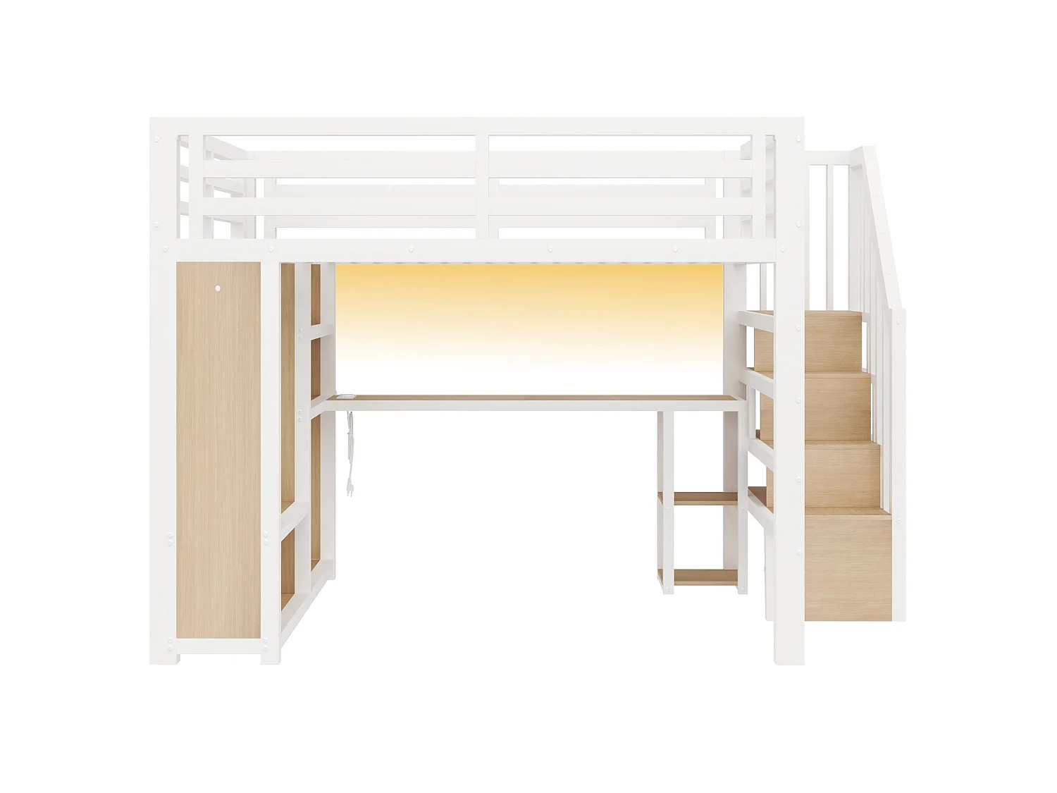 Lit mezzanine adulte 160 x 200 cm avec port USB, bureau et penderie ouverte - Blanc