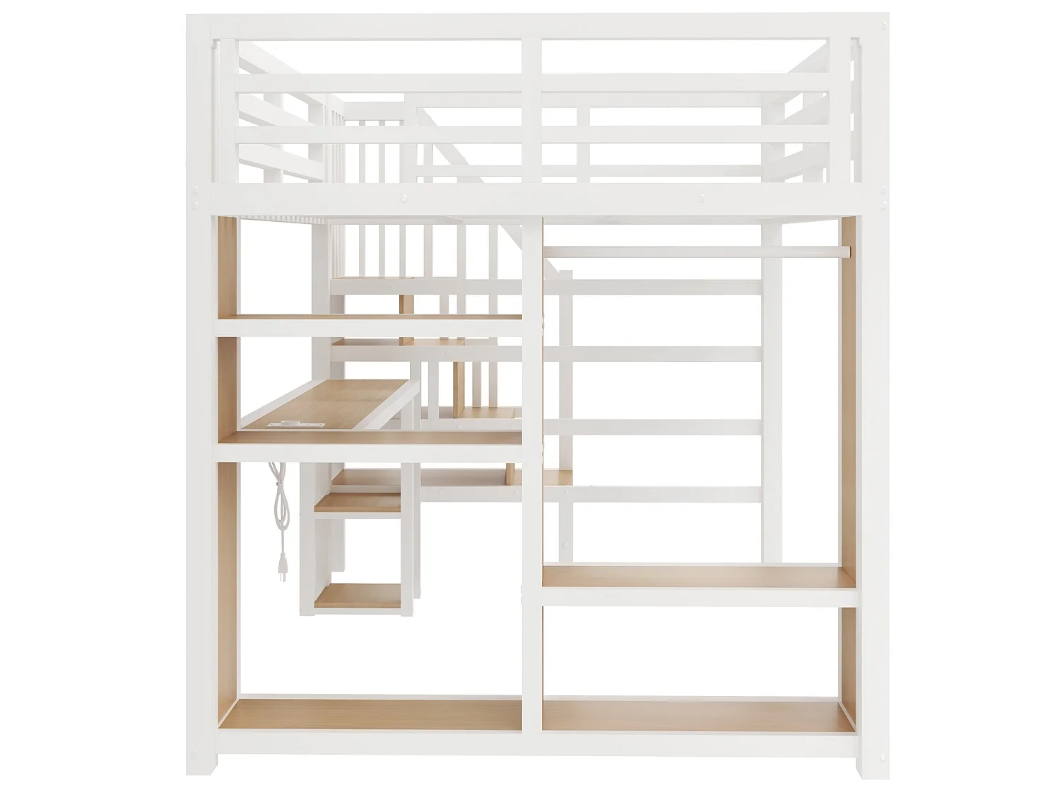 Lit mezzanine adulte 160 x 200 cm avec port USB, bureau et penderie ouverte - Blanc
