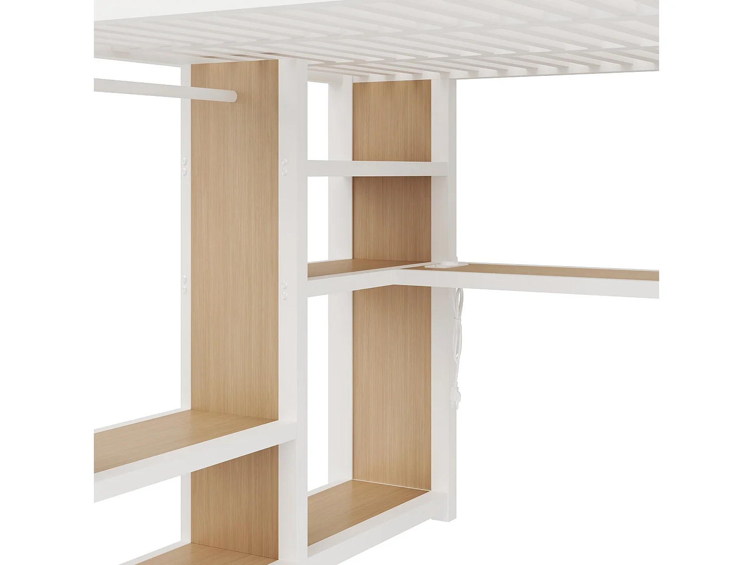 Lit mezzanine adulte 160 x 200 cm avec port USB, bureau et penderie ouverte - Blanc
