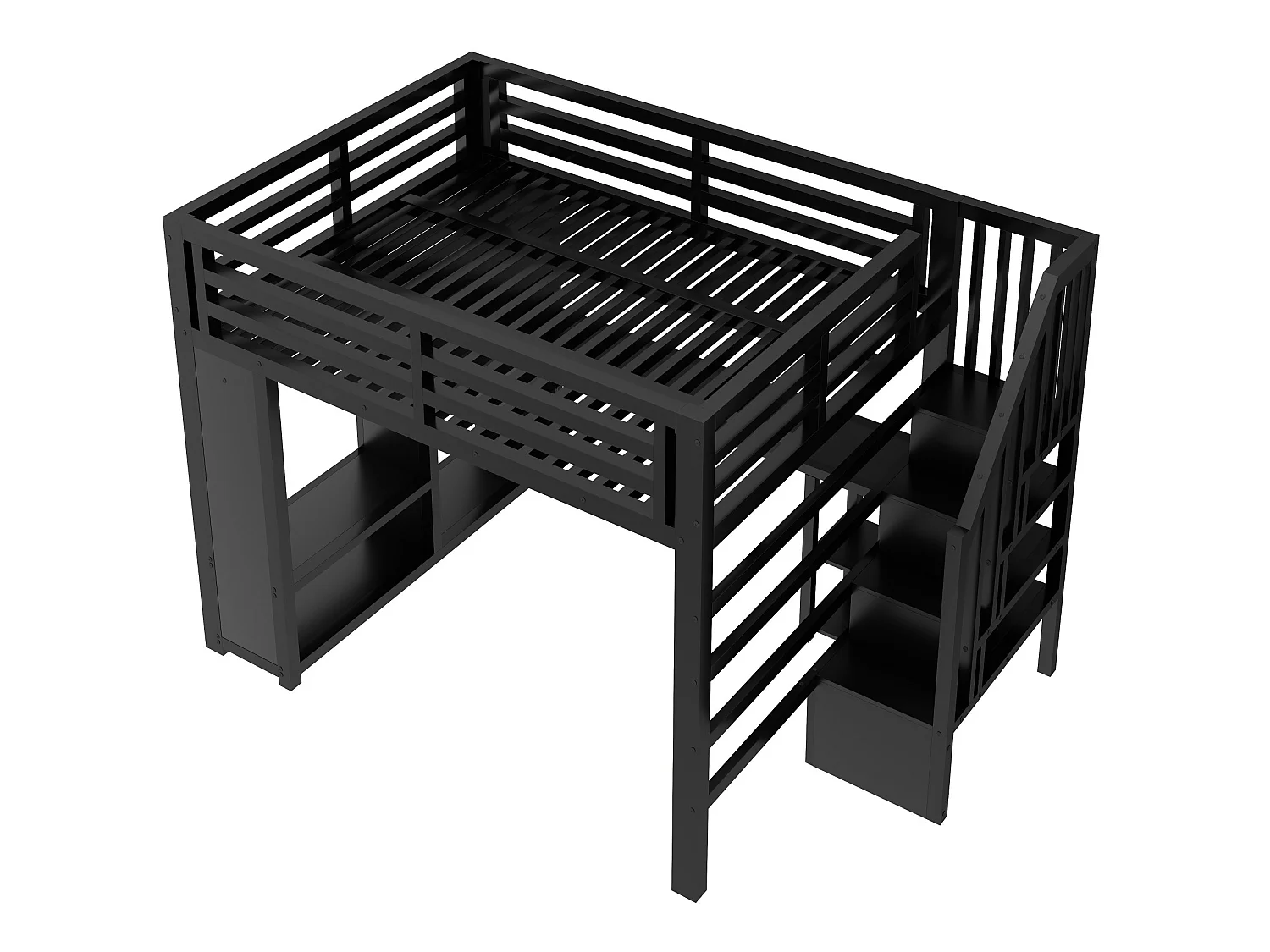 Lit mezzanine adulte 160 x 200 cm avec port USB, bureau et penderie ouverte - Noir