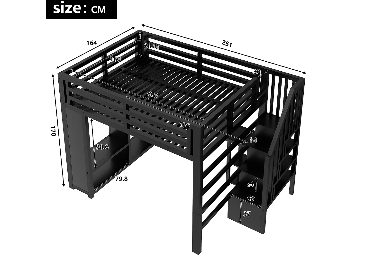 Lit mezzanine adulte 160 x 200 cm avec port USB, bureau et penderie ouverte - Noir