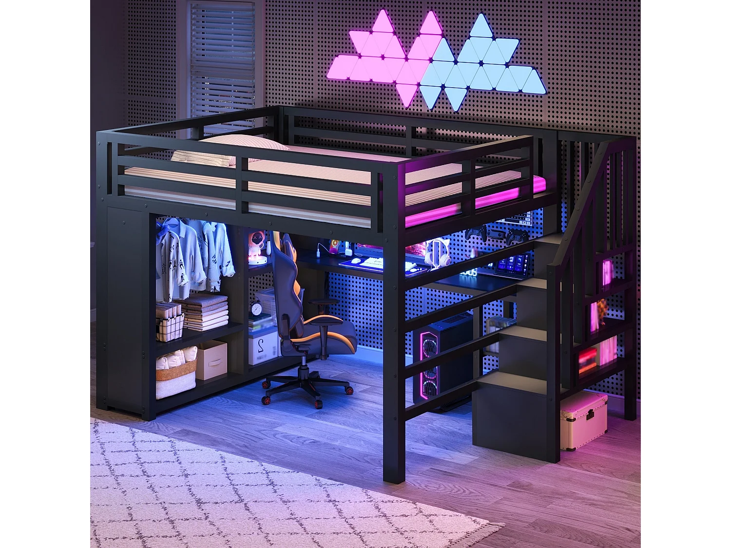 Lit mezzanine adulte 160 x 200 cm avec port USB, bureau et penderie ouverte - Noir