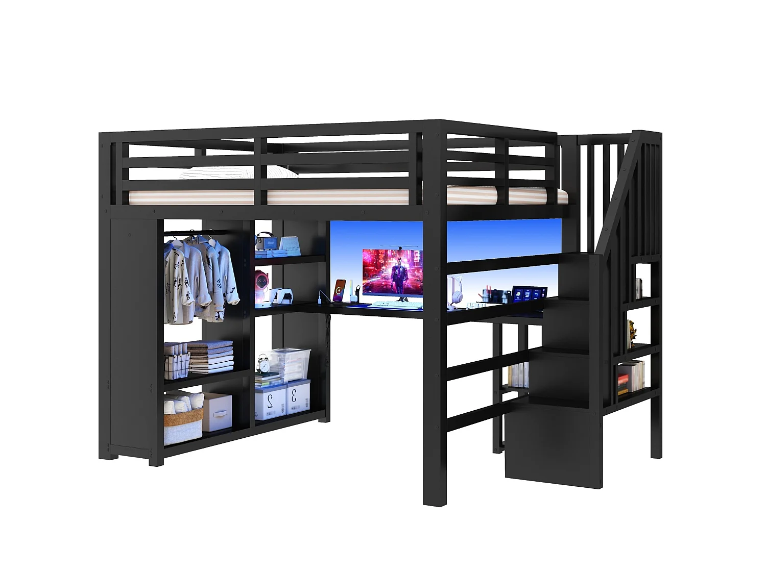 Lit mezzanine adulte 160 x 200 cm avec port USB, bureau et penderie ouverte - Noir