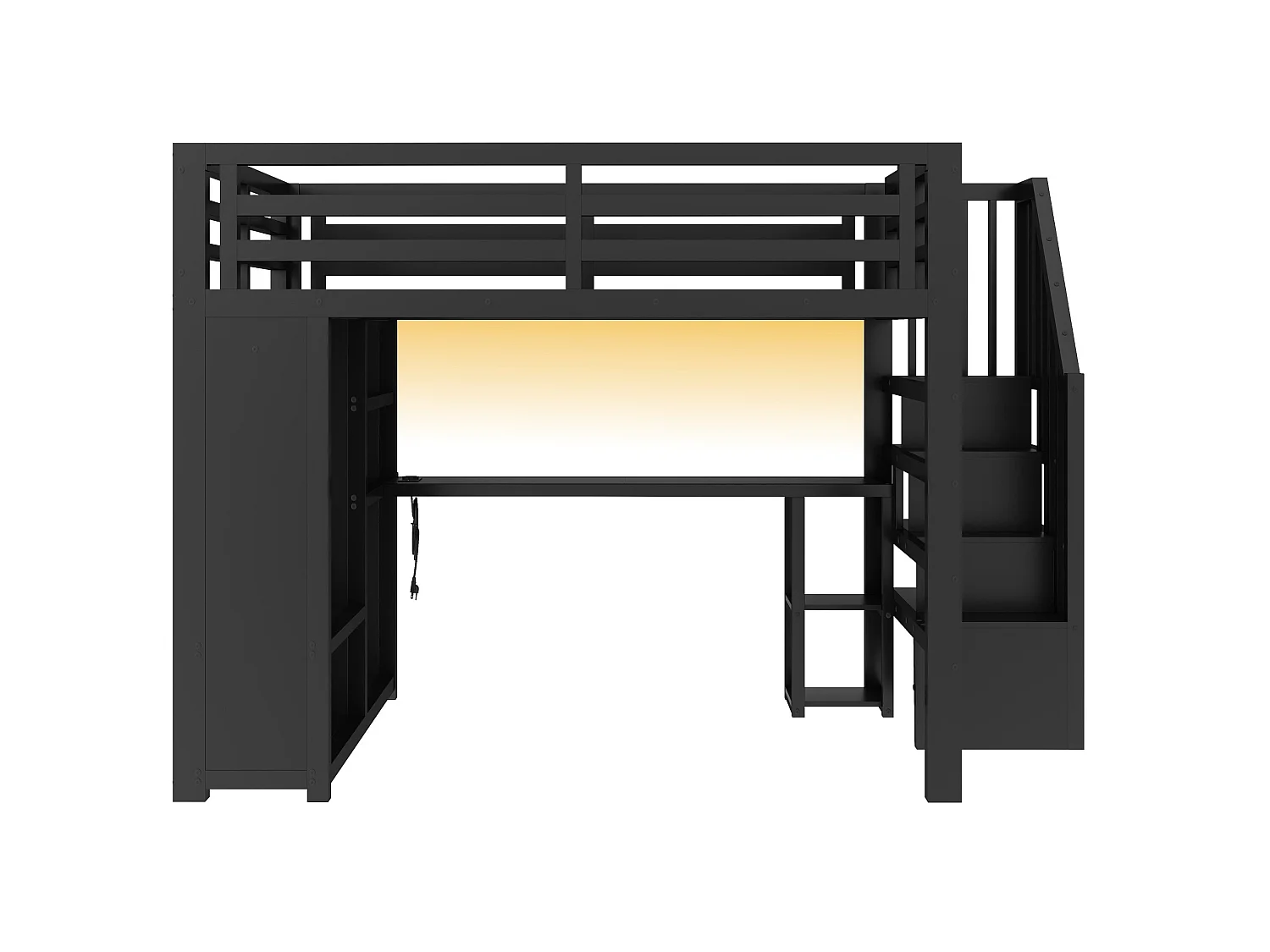Lit mezzanine adulte 160 x 200 cm avec port USB, bureau et penderie ouverte - Noir