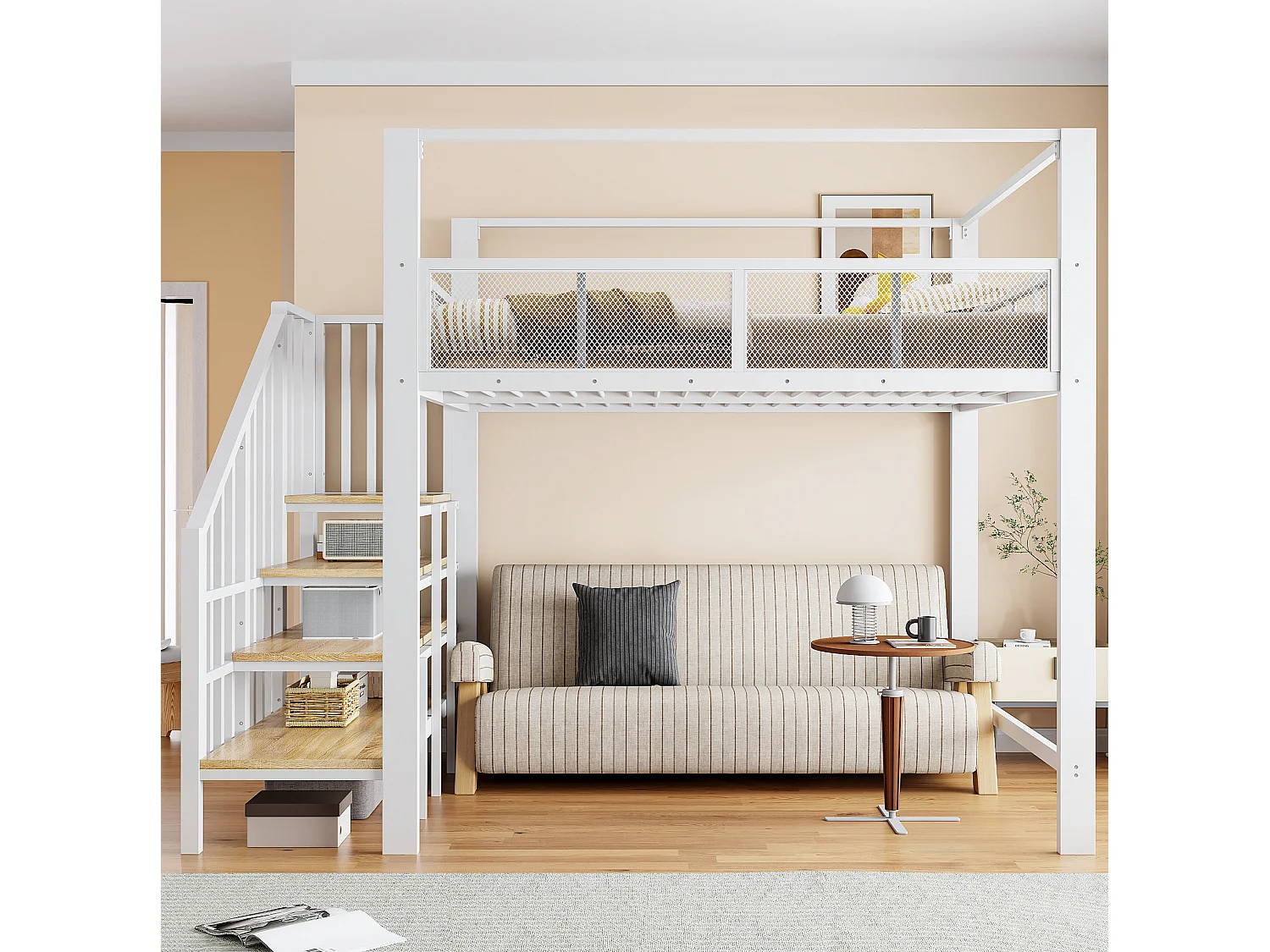 Letto a soppalco per adulti 140x200 cm in metallo bianco con scaletta contenitore