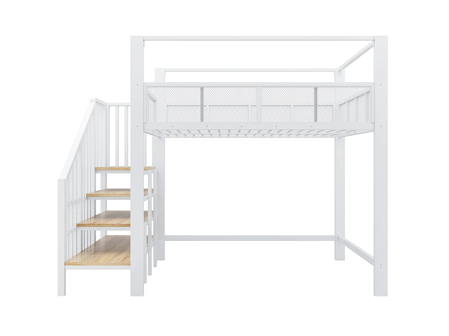 Letto a soppalco per adulti 140x200 cm in metallo bianco con scaletta contenitore