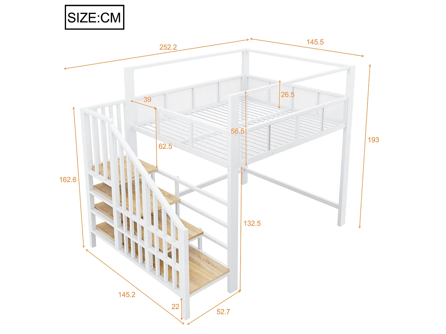 Letto a soppalco per adulti 140x200 cm in metallo bianco con scaletta contenitore