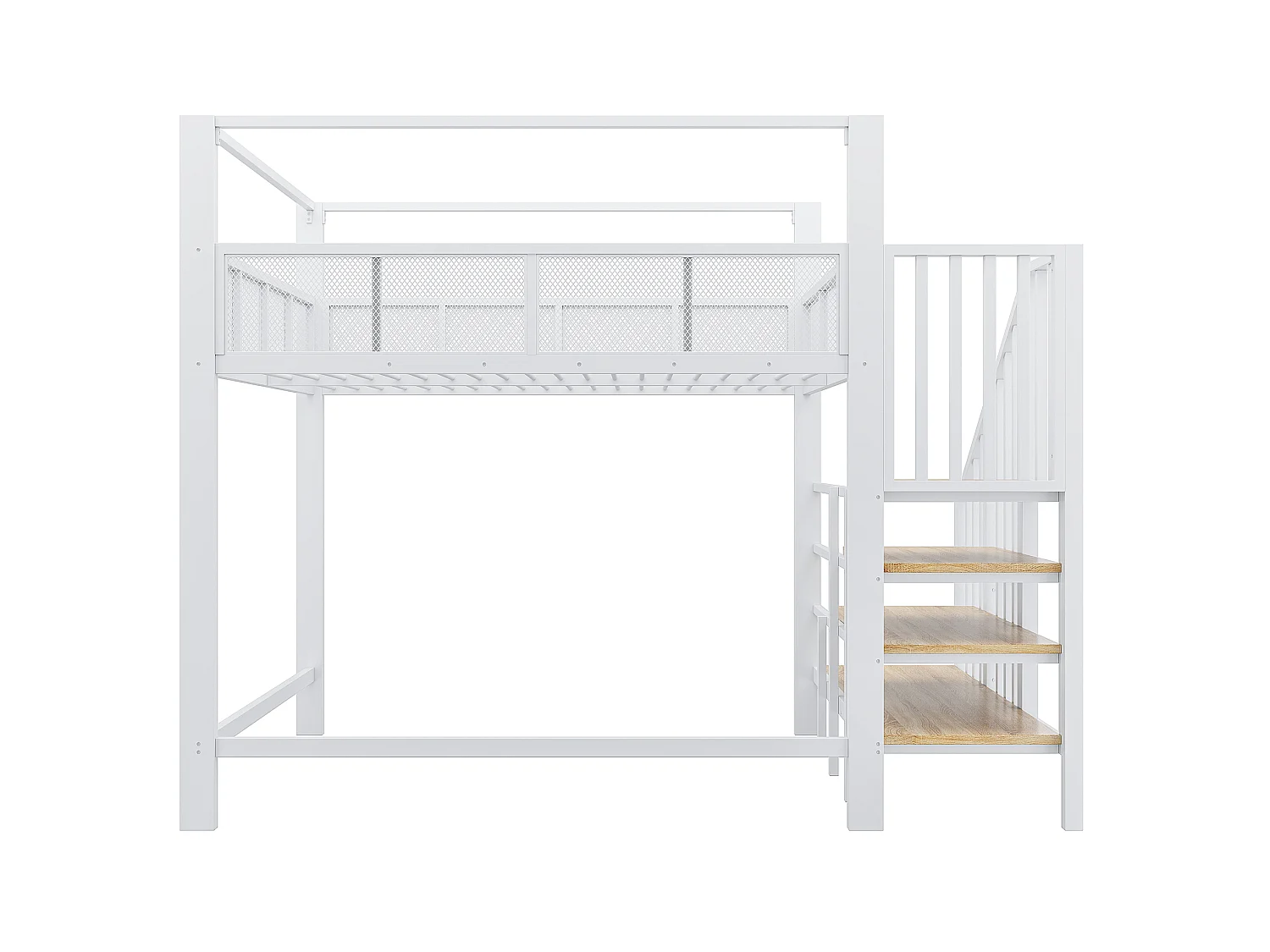 Letto a soppalco per adulti 140x200 cm in metallo bianco con scaletta contenitore