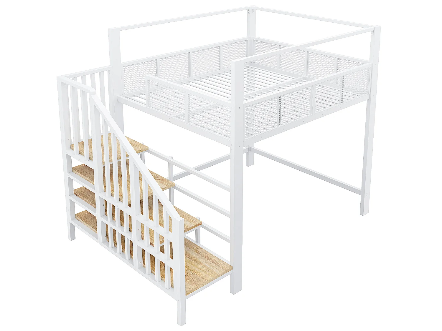 Letto a soppalco per adulti 140x200 cm in metallo bianco con scaletta contenitore