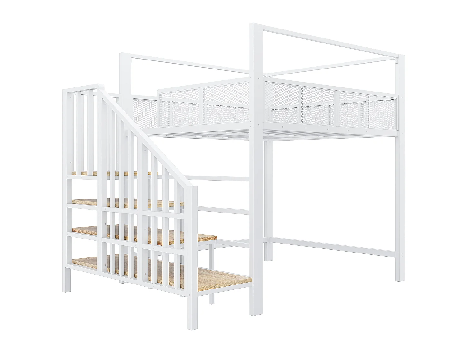 Letto a soppalco per adulti 140x200 cm in metallo bianco con scaletta contenitore