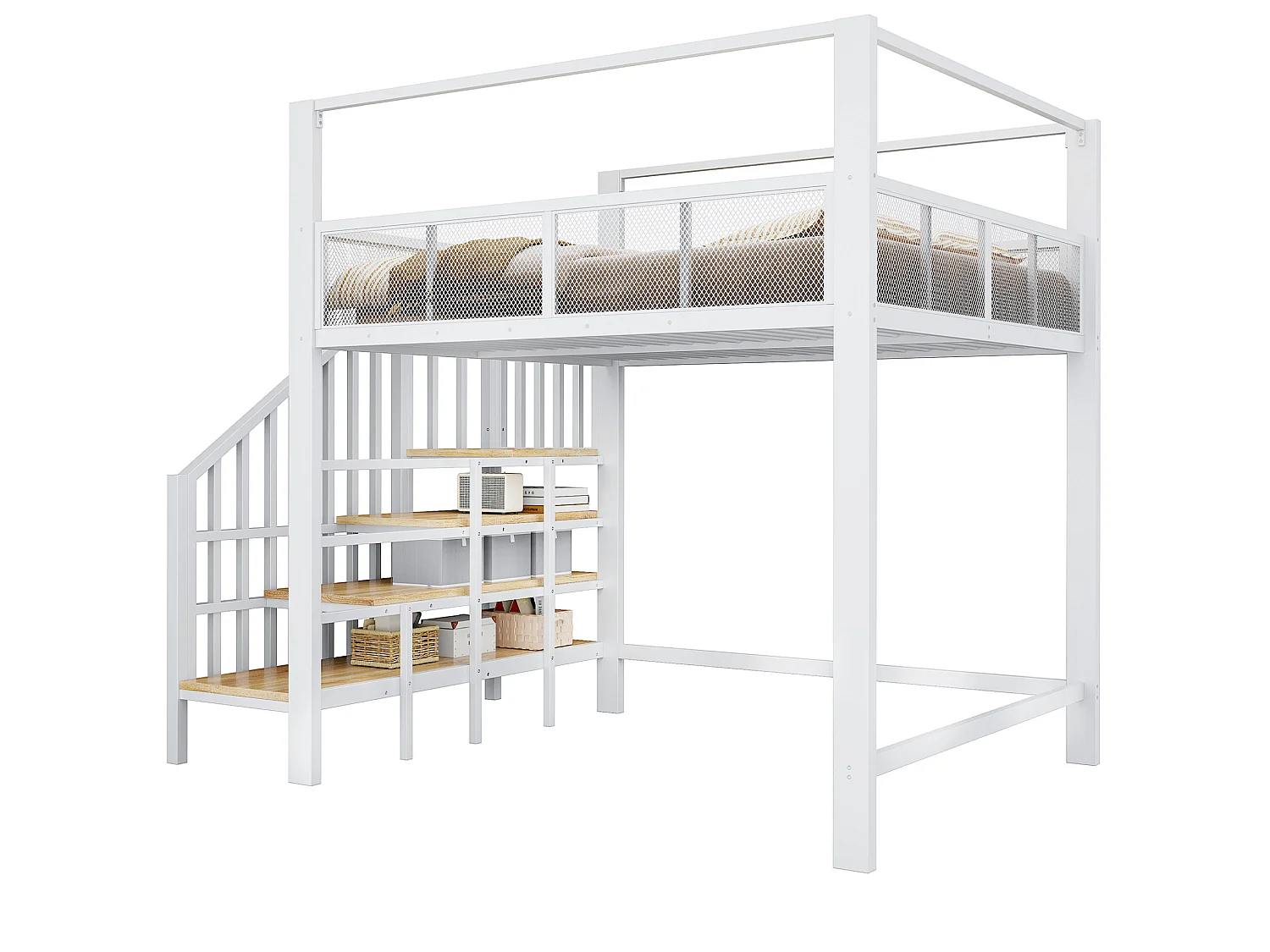 Letto a soppalco per adulti 140x200 cm in metallo bianco con scaletta contenitore