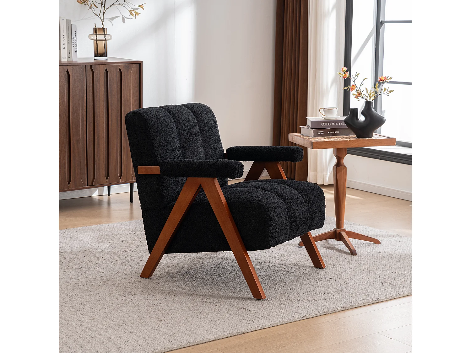 Fauteuil d'appoint en tissu bouclé avec structure en bois, pour salon et chambre, noir