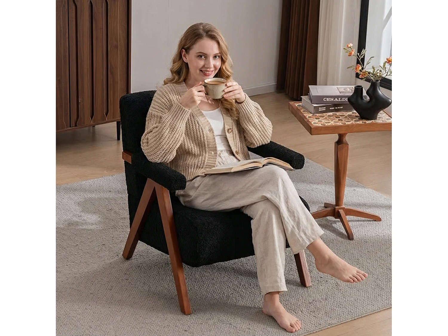 Fauteuil d'appoint en tissu bouclé avec structure en bois, pour salon et chambre, noir