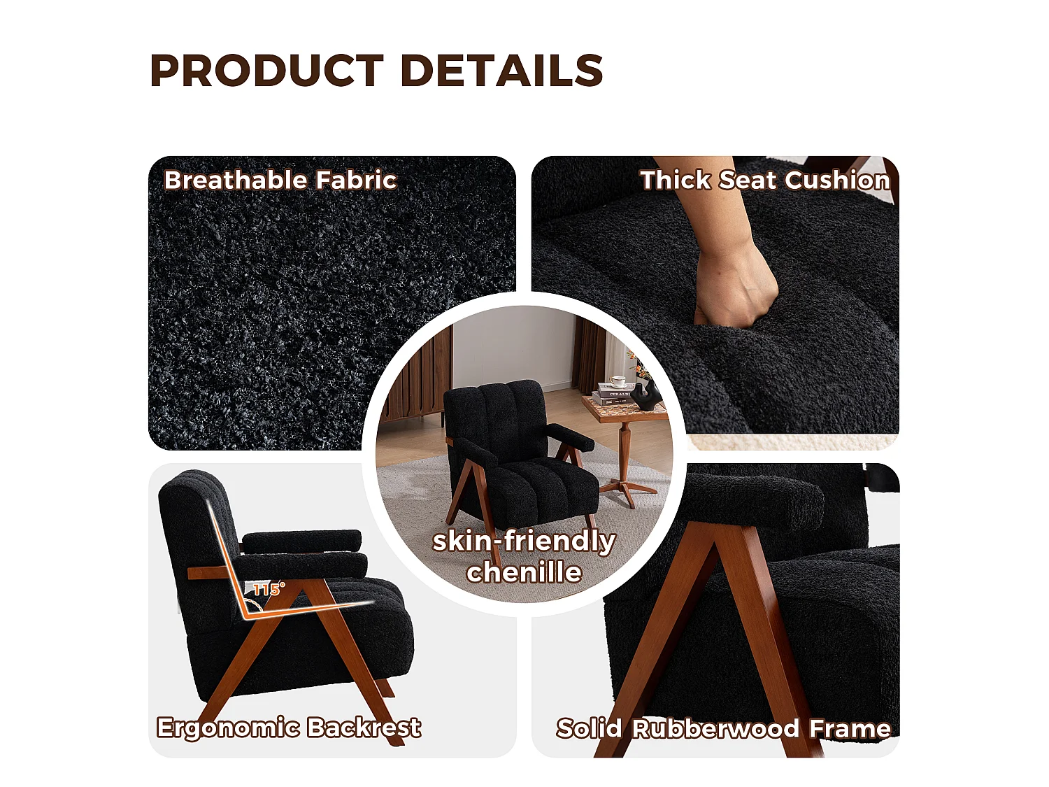 Fauteuil d'appoint en tissu bouclé avec structure en bois, pour salon et chambre, noir
