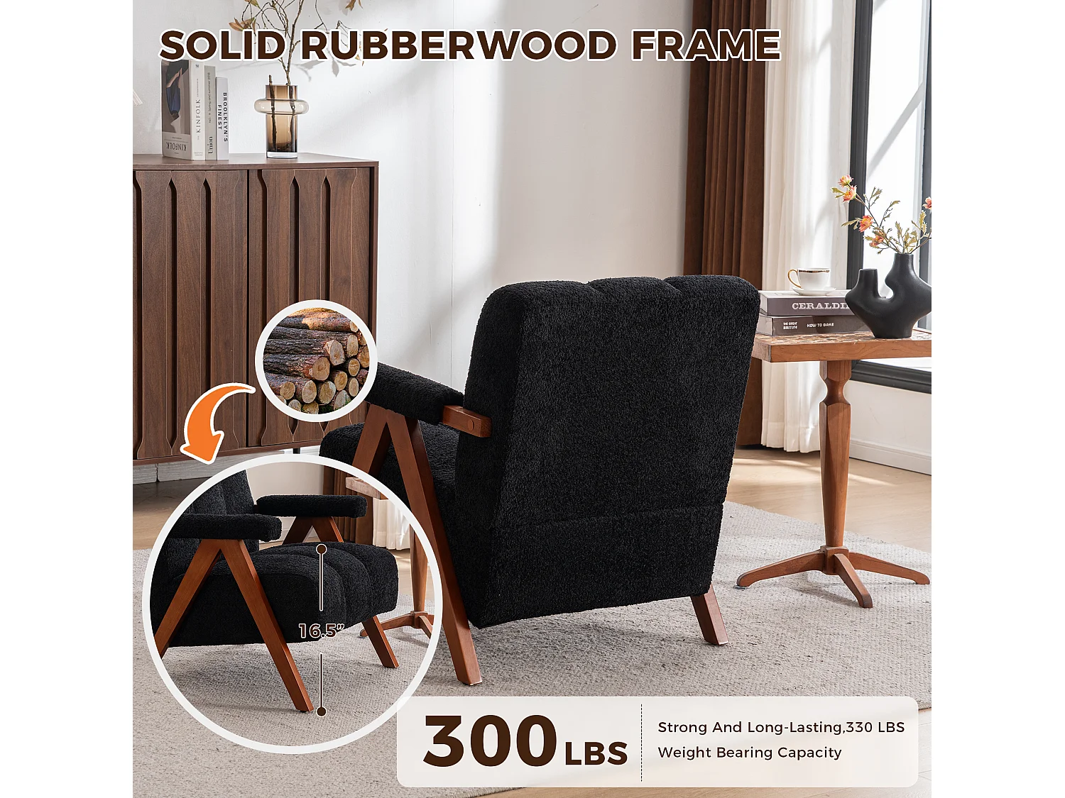 Fauteuil d'appoint en tissu bouclé avec structure en bois, pour salon et chambre, noir
