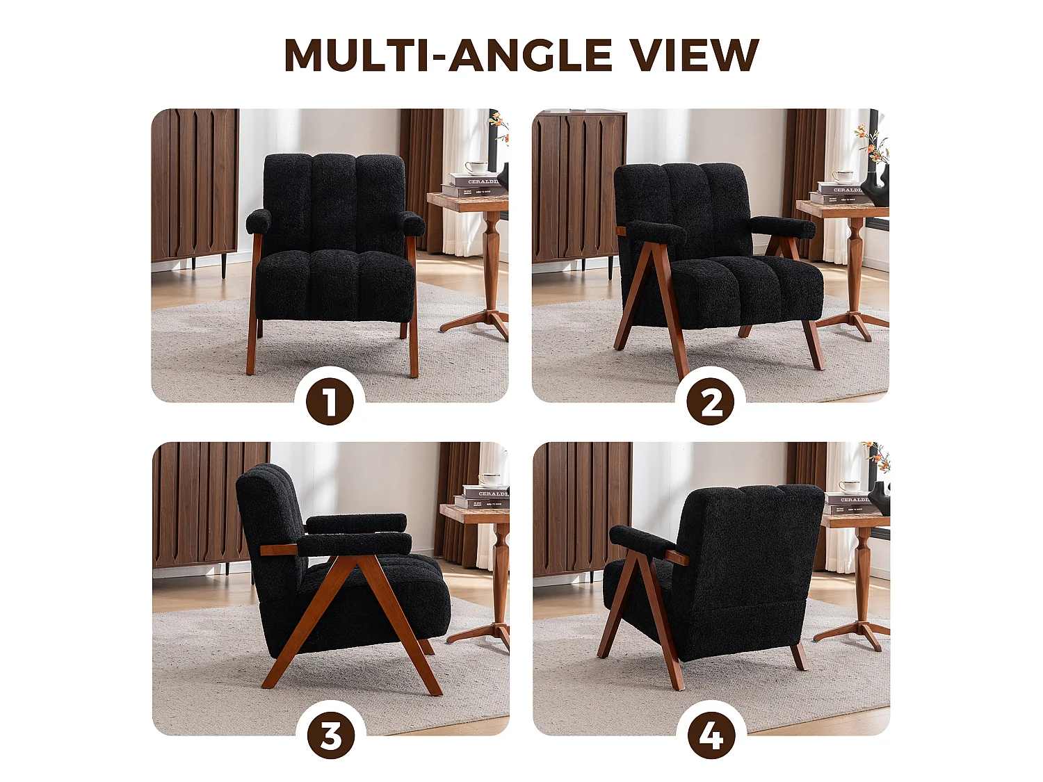 Fauteuil d'appoint en tissu bouclé avec structure en bois, pour salon et chambre, noir