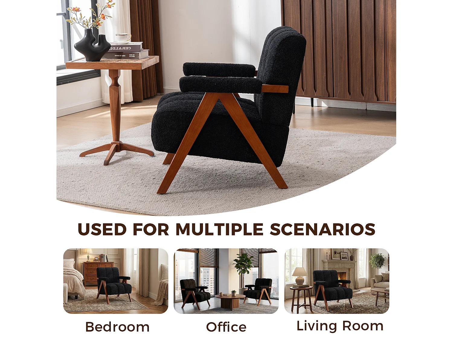 Fauteuil d'appoint en tissu bouclé avec structure en bois, pour salon et chambre, noir