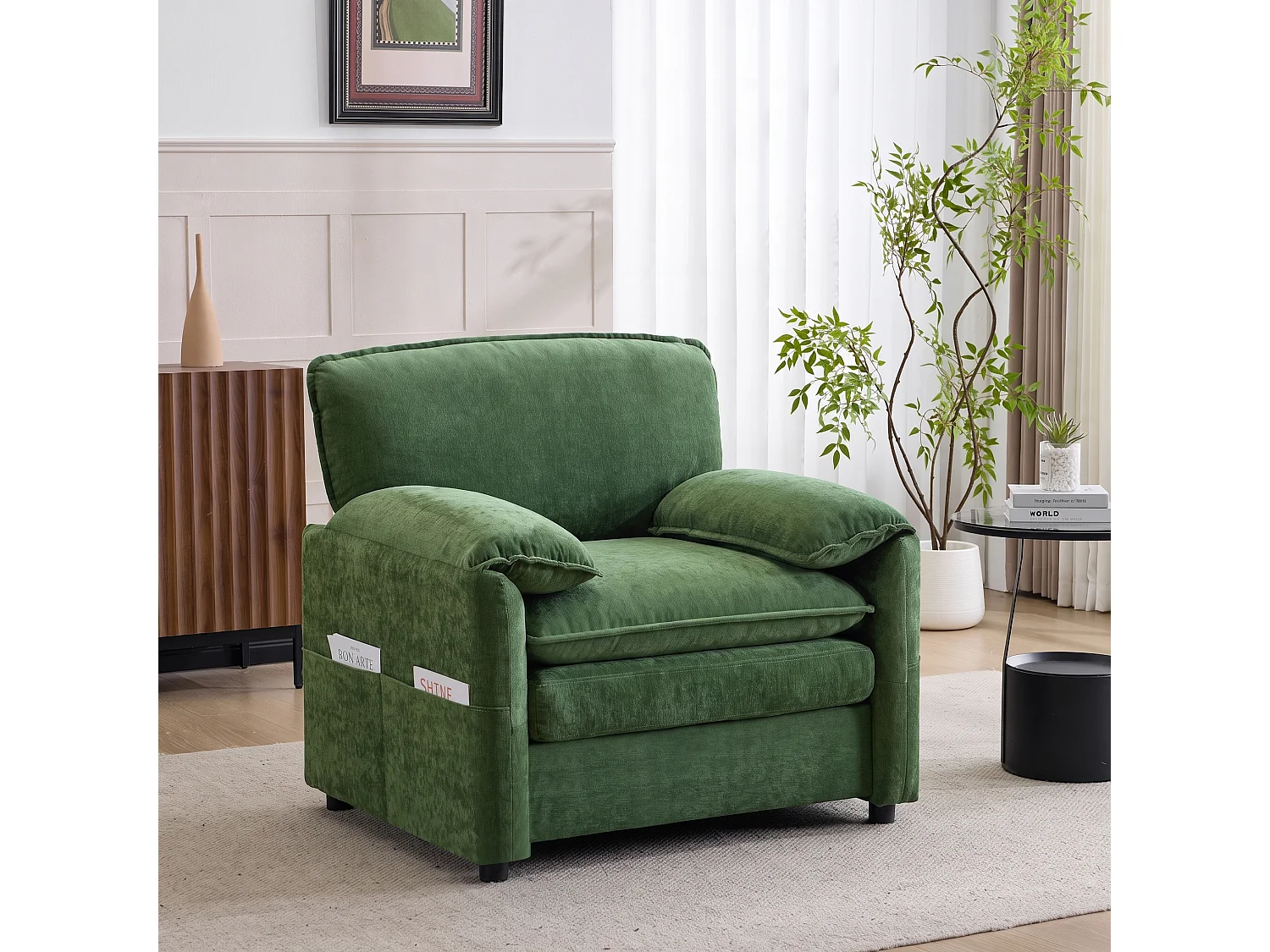 Fauteuil relax vert en velours, avec poche de rangement, design rétro, salon/chambre