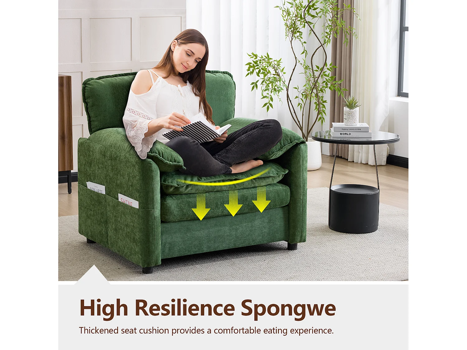 Fauteuil relax vert en velours, avec poche de rangement, design rétro, salon/chambre