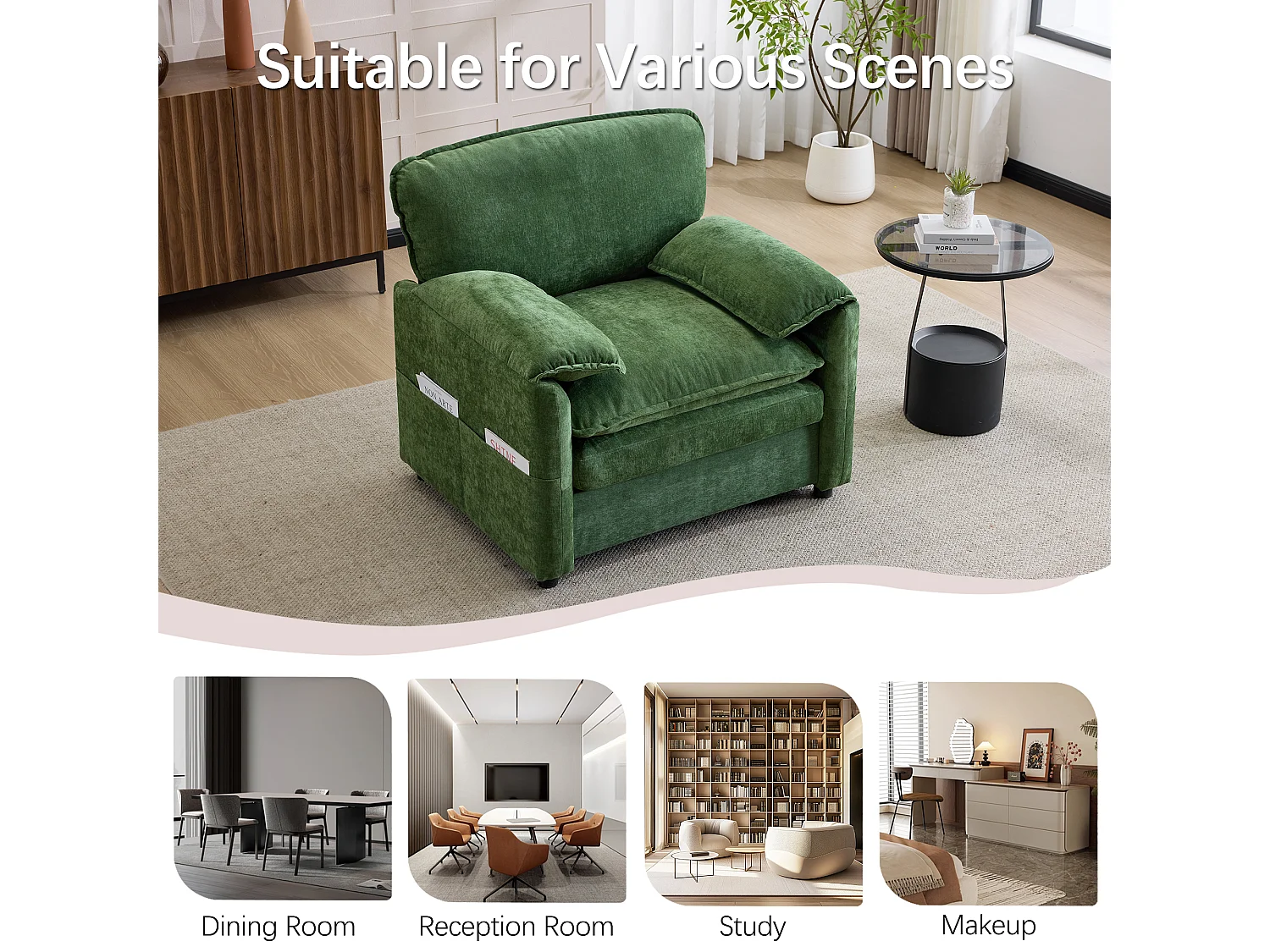Fauteuil relax vert en velours, avec poche de rangement, design rétro, salon/chambre
