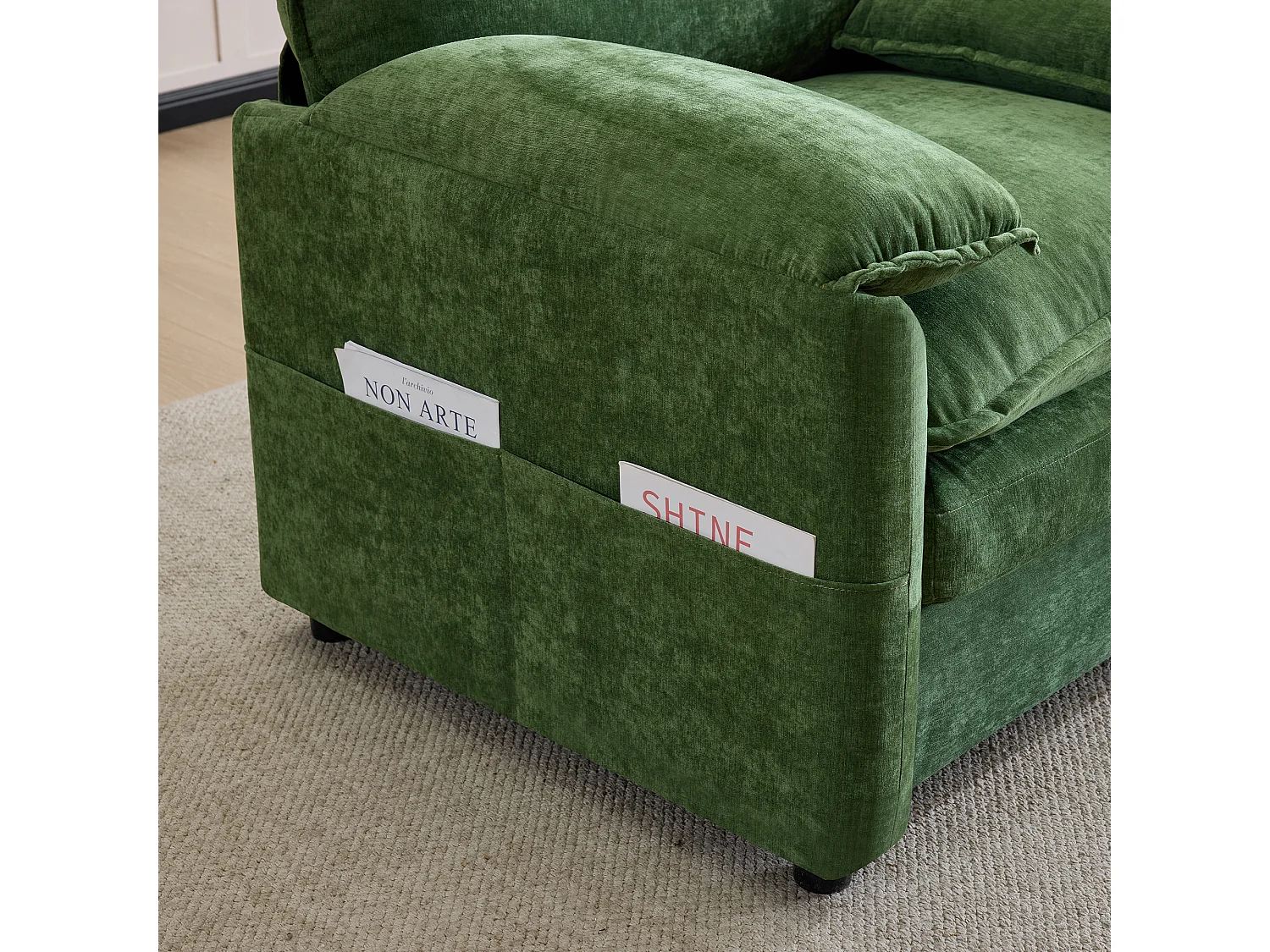 Fauteuil relax vert en velours, avec poche de rangement, design rétro, salon/chambre
