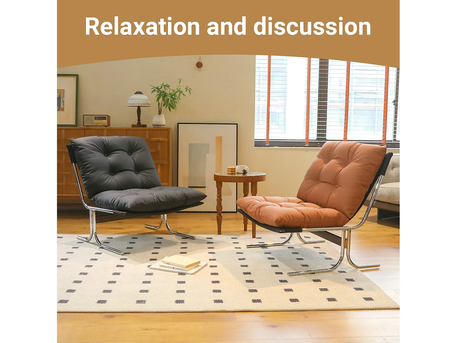 Fauteuil relax noir en similicuir, style Barcelone, pieds chromés, assise rembourrée, salon