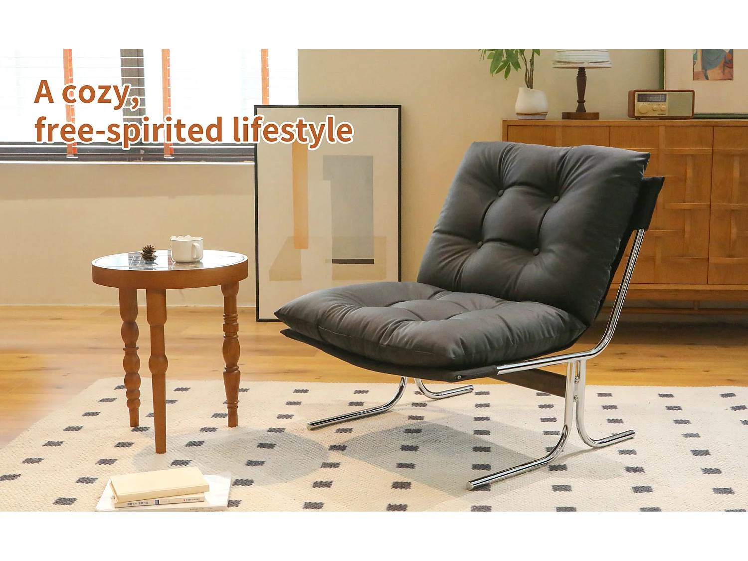 Fauteuil relax noir en similicuir, style Barcelone, pieds chromés, assise rembourrée, salon