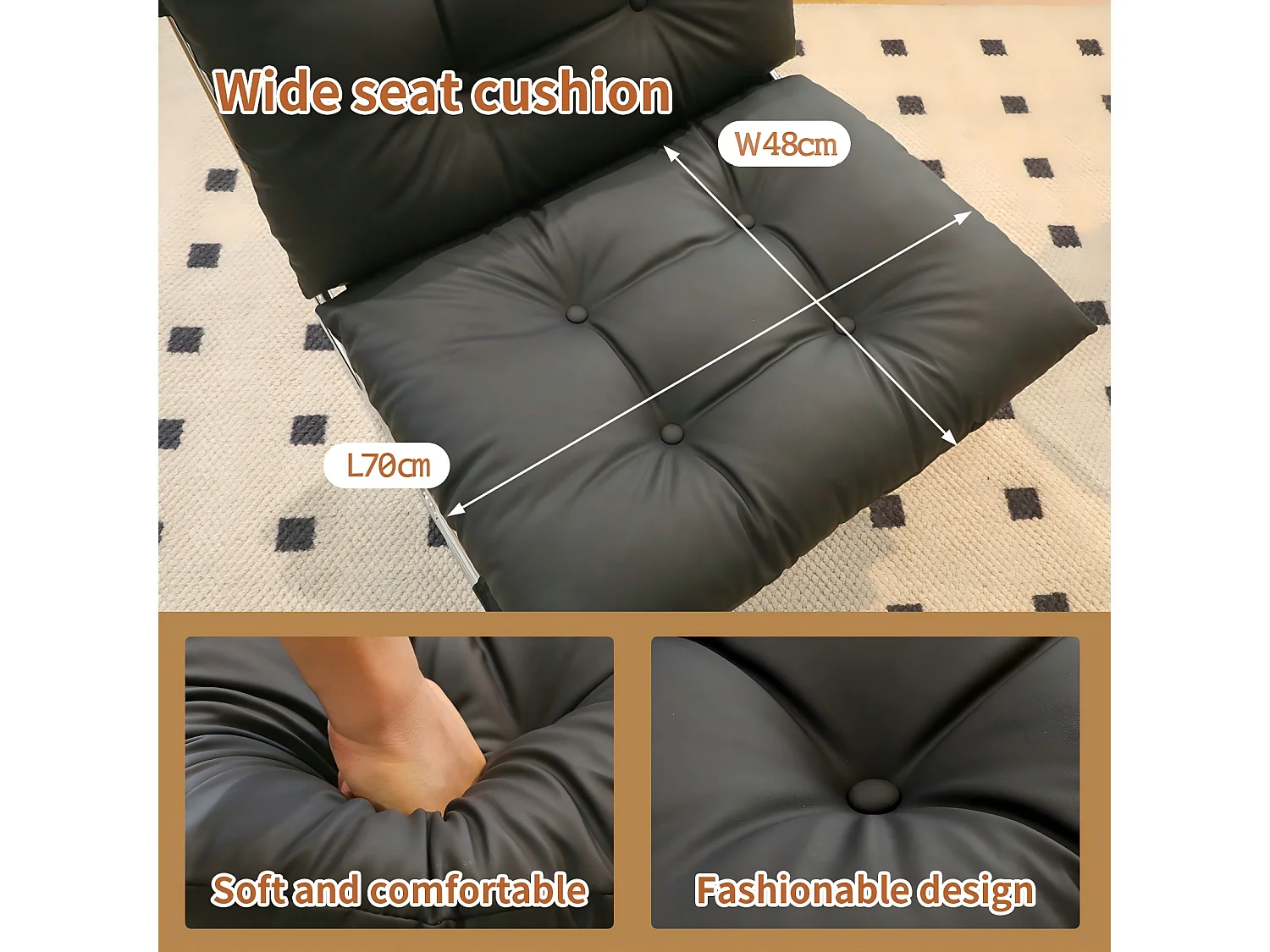 Fauteuil relax noir en similicuir, style Barcelone, pieds chromés, assise rembourrée, salon