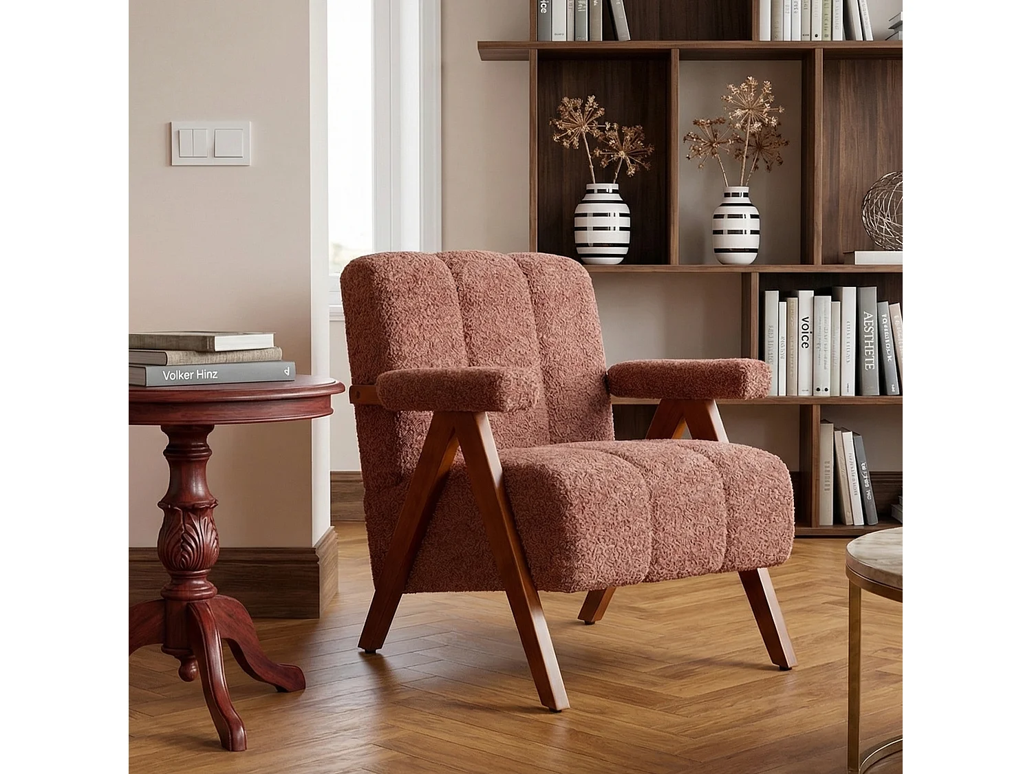 Siège en tissu bouclé avec structure en bois, fauteuil pour salon et chambre, rouge rouille