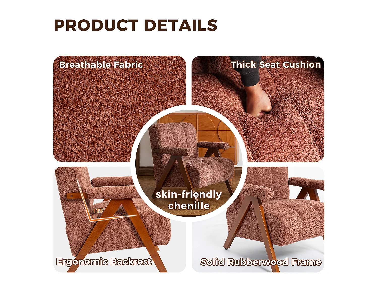 Siège en tissu bouclé avec structure en bois, fauteuil pour salon et chambre, rouge rouille
