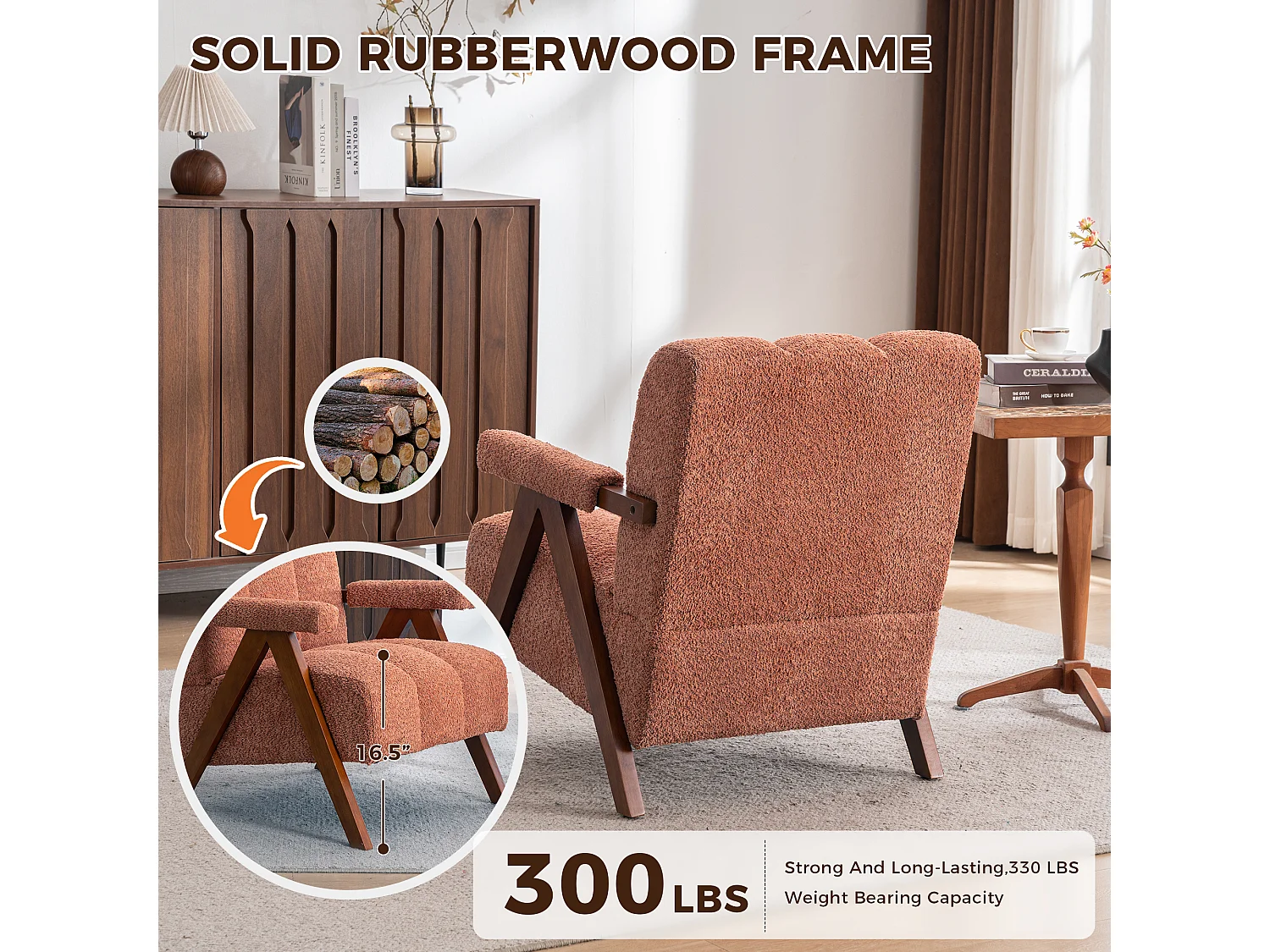 Siège en tissu bouclé avec structure en bois, fauteuil pour salon et chambre, rouge rouille