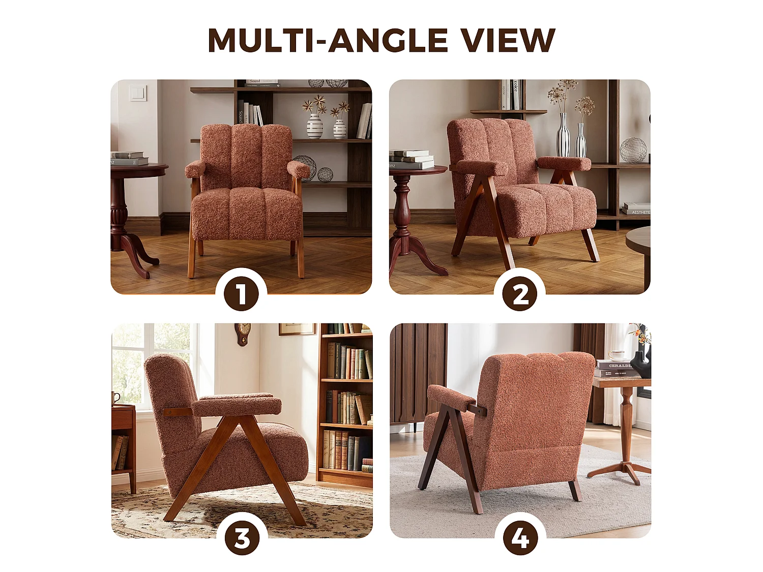 Siège en tissu bouclé avec structure en bois, fauteuil pour salon et chambre, rouge rouille